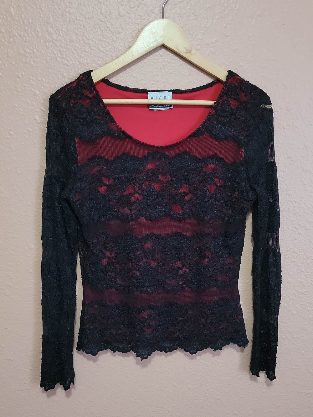 MICHI Collection Black Red Lace Long-Sleeve Semi-sheer Top Mesh Goth 90s Vintage